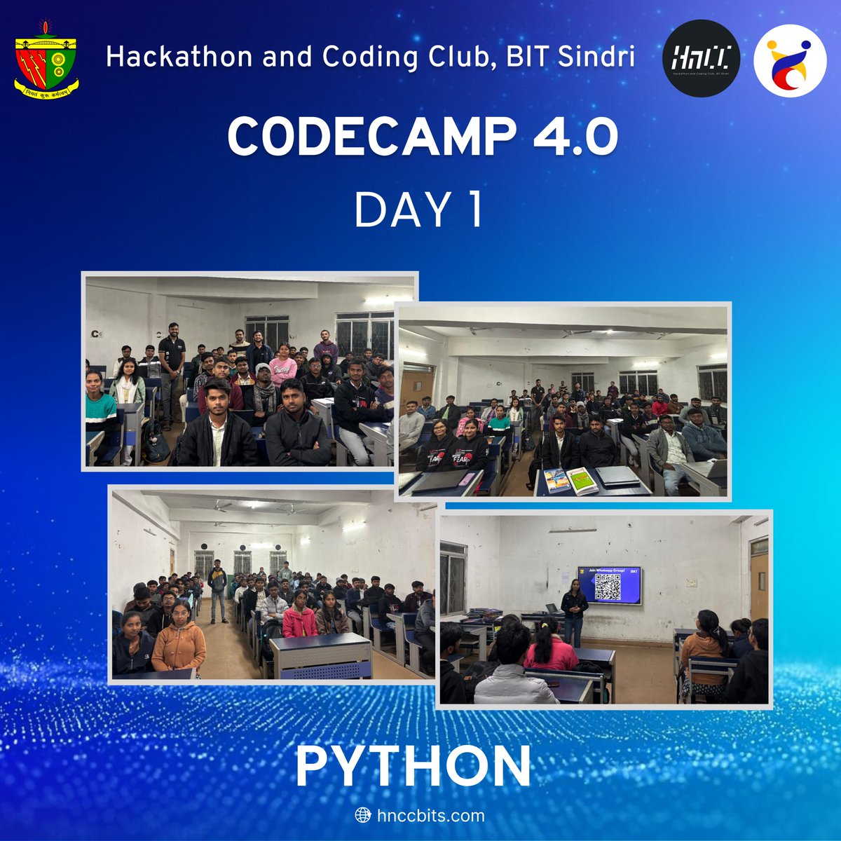 hnccbits's tweet image. Day 1 of CodeCamp 4.0 by HNCC began with energy and creativity! Students explored Python, Java, C++, UI/UX and Video Editing—unlocking both technical and creative skills. Every room buzzed with ideas, motivation and learning.
#HnCC #CodeCamp #BITSindri #LearnBuildGrow