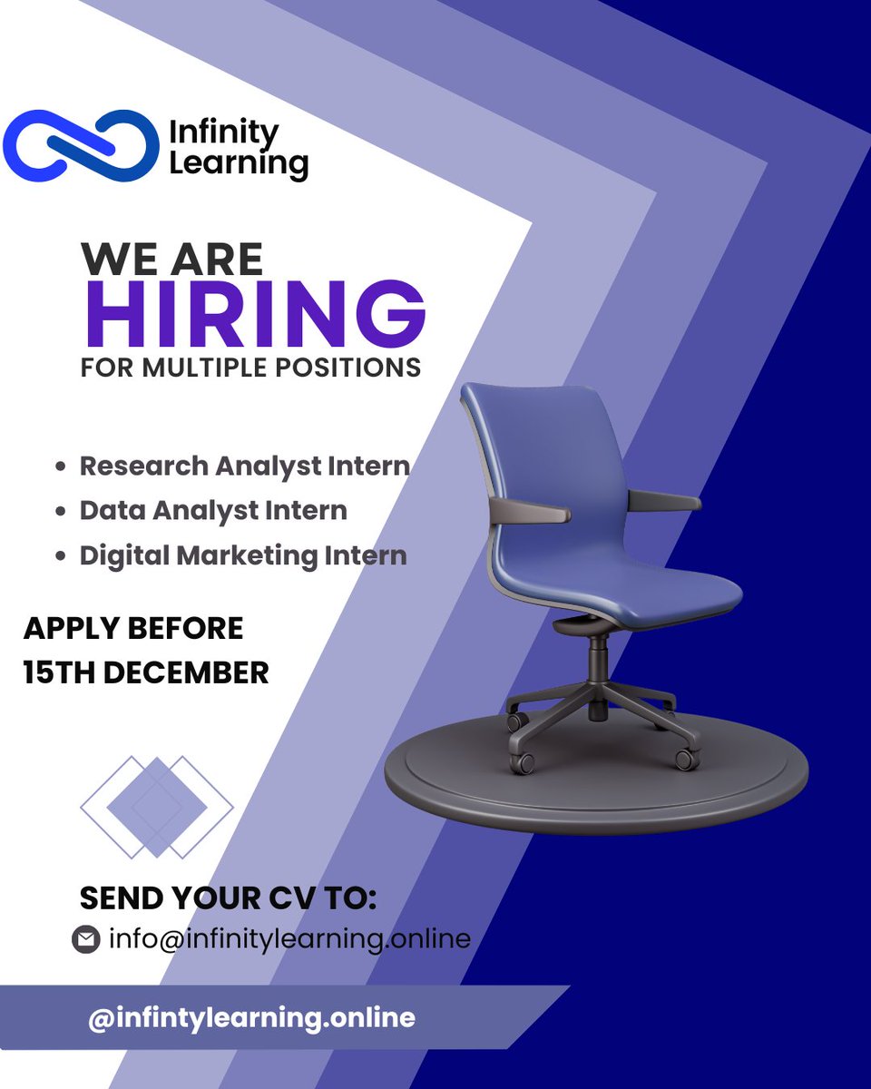 InfinityLearnMu's tweet image. We are hiring for multiple positions: 

1. Research Analyst Intern
2. Data Analyst Intern
3. Digital Marketing Intern

Send your cv to: info@infinitylearning.online
Apply Before 15th December

X: @InfinityLearnMu 

#Hiring #Careers #JobOpening