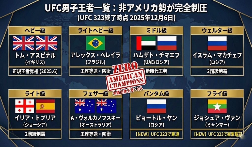CageSideNote's tweet image. 【UFC 323終了】男子王者の「非アメリカ勢による完全制圧」が継続中🌍🔒

今大会でバンタム級とフライ級の王座が移動しましたが、新王者もロシアとミャンマー出身。 以前として、UFC男子8階級に米国出身王者は「0人」のままです👑…