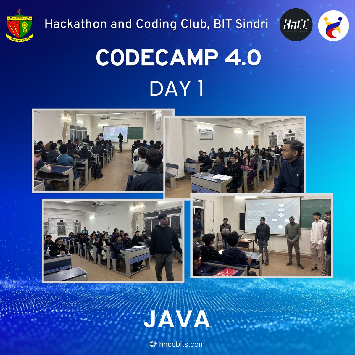 hnccbits's tweet image. Day 1 of CodeCamp 4.0 by HNCC began with energy and creativity! Students explored Python, Java, C++, UI/UX and Video Editing—unlocking both technical and creative skills. Every room buzzed with ideas, motivation and learning.
#HnCC #CodeCamp #BITSindri #LearnBuildGrow