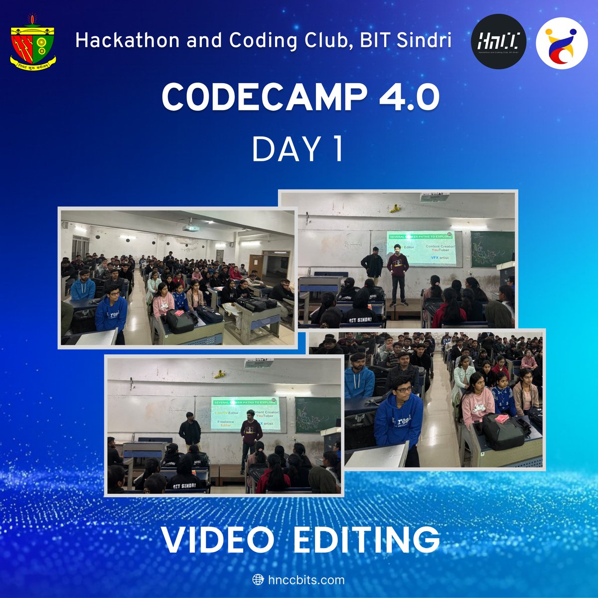 hnccbits's tweet image. Day 1 of CodeCamp 4.0 by HNCC began with energy and creativity! Students explored Python, Java, C++, UI/UX and Video Editing—unlocking both technical and creative skills. Every room buzzed with ideas, motivation and learning.
#HnCC #CodeCamp #BITSindri #LearnBuildGrow