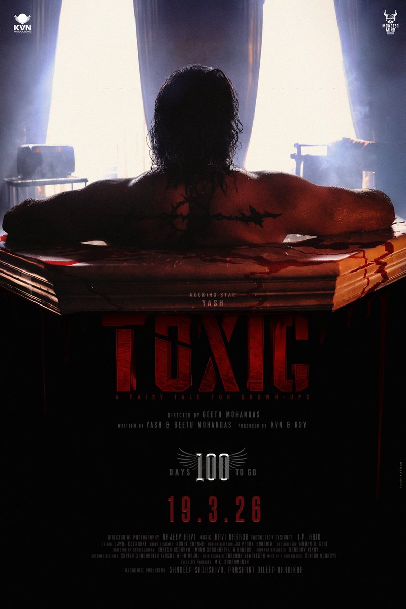 vamsikaka's tweet photo. The 100-day countdown begins as Yash’s Toxic unveils an intense new poster and its powerhouse crew ahead of its March 19, 2026 release.

#100DaysForTOXICDomination #ToxicTheMovie #Yash https://t.co/UGd3jwv1ob