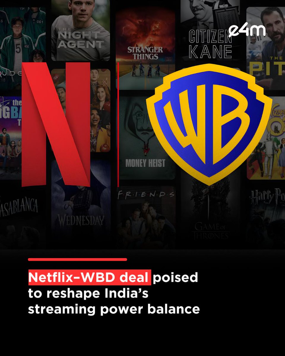 e4mtweets's tweet image. Netflix–WBD deal poised to reshape India’s streaming power balance.
It currently leads India’s SVOD space with a 25% share, while JioStar dominates AVOD.

Read the full Story: exchange4media.com/media-tv-news/…

#e4m #Netflix #WBD #StreamingIndia #SVOD #AVOD #MediaBusiness