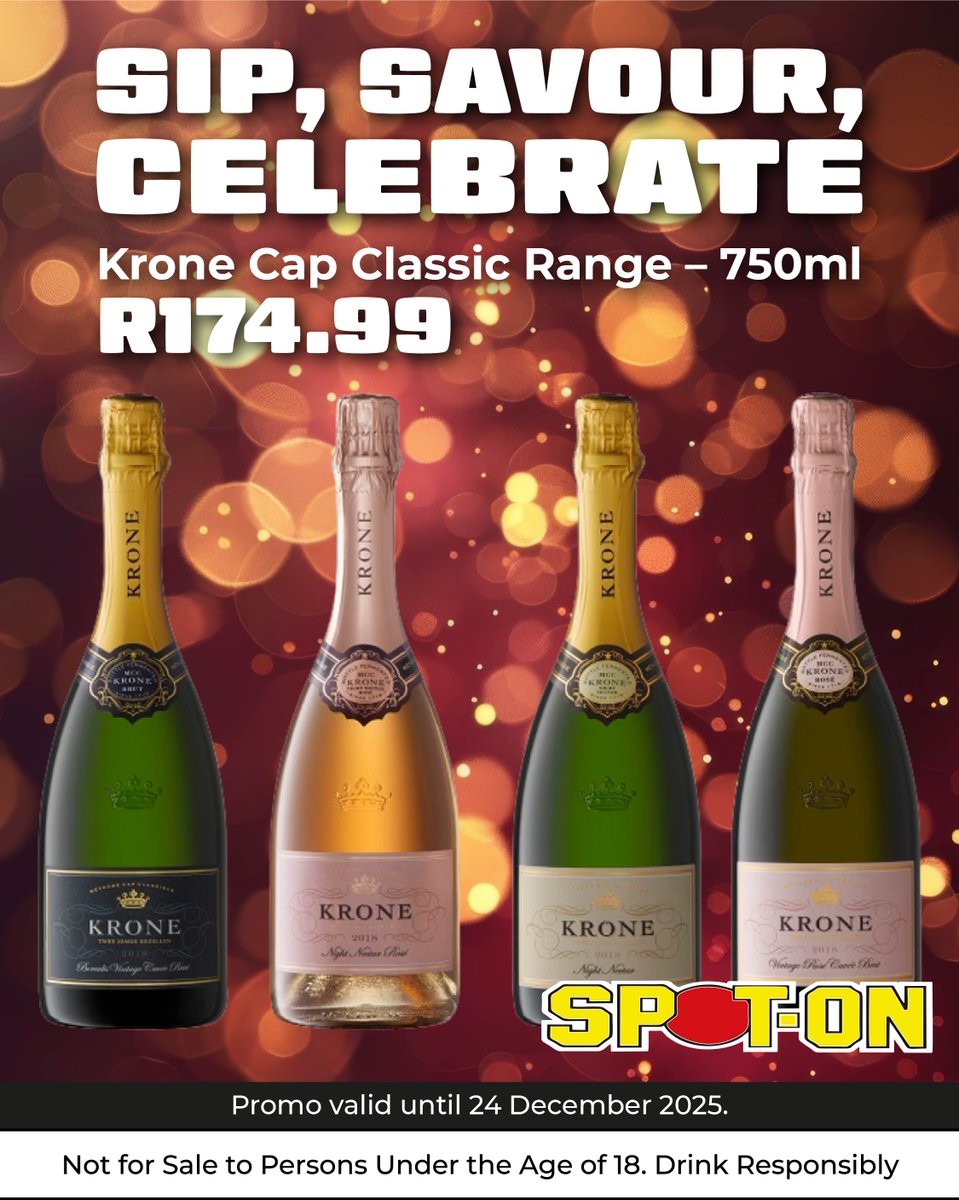 🎁 Festive Cheers!
Krone Cap Classic Range assorted 750ml - R174.99. Give the gift of drinks this festive season or enjoy a quiet evening at home!

📍 Find your nearest store: spotonliquors.co.za/store-directory

Promo valid until 24 December 2025.

#Spot-OnGifting #KroneCap #FestiveSeason
