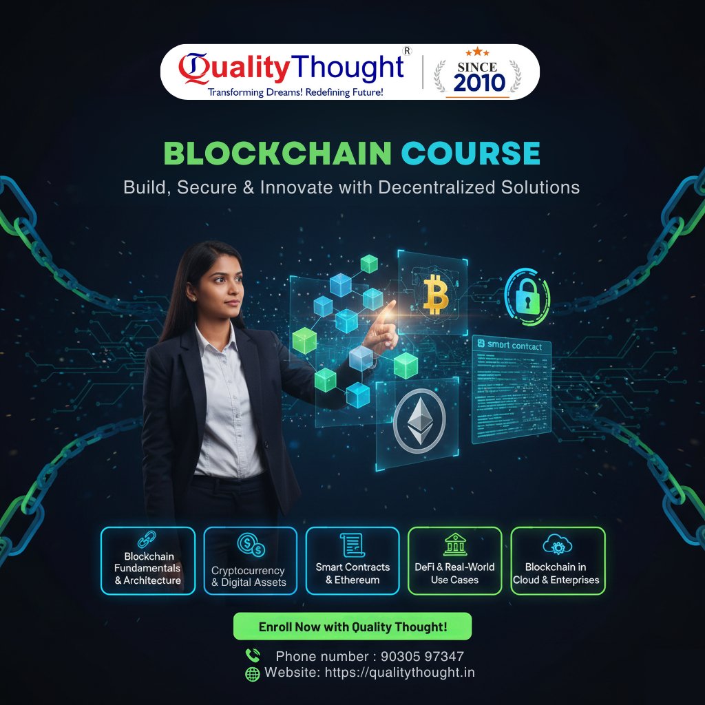 AvanchaA99169's tweet image. 💡 Build Expertise in Blockchain Technology

📞 Call: +91 9030597347

👉 Enroll: qualitythought.in/block-chain/

#BlockchainDevelopment #QualityThought #BlockchainInternship #BlockchainCareer #Web3 #CryptoTechnology #SmartContractDevelopment #ITTrainingInstitute #BlockchainCertification