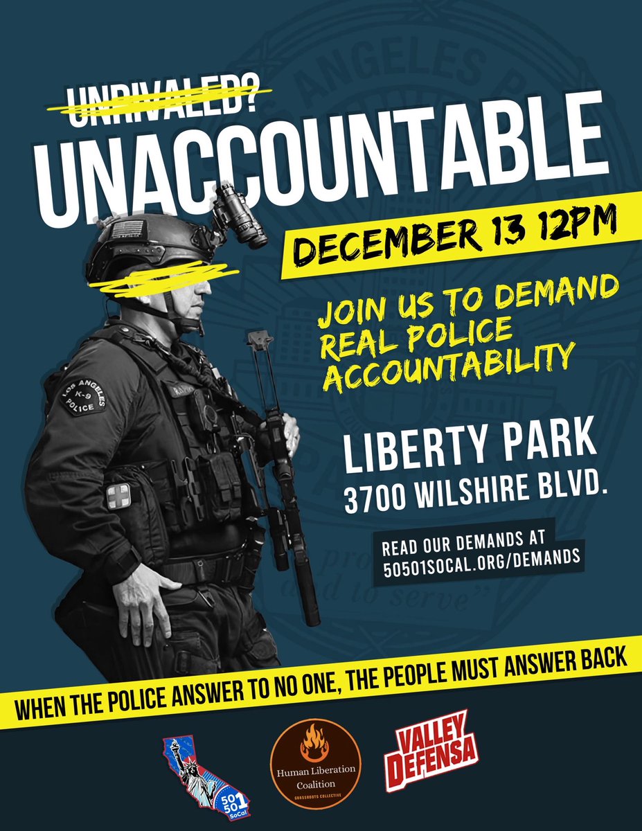 LifeRep's tweet image. Join us this Saturdav, December 13th at 12pm to kick off this ongoing action. We're taking our demands for change straight to the source, and we're starting with actionable police reform.

Read our demands at
50501socal.org/demands

#powertothepeople  #policethepolice