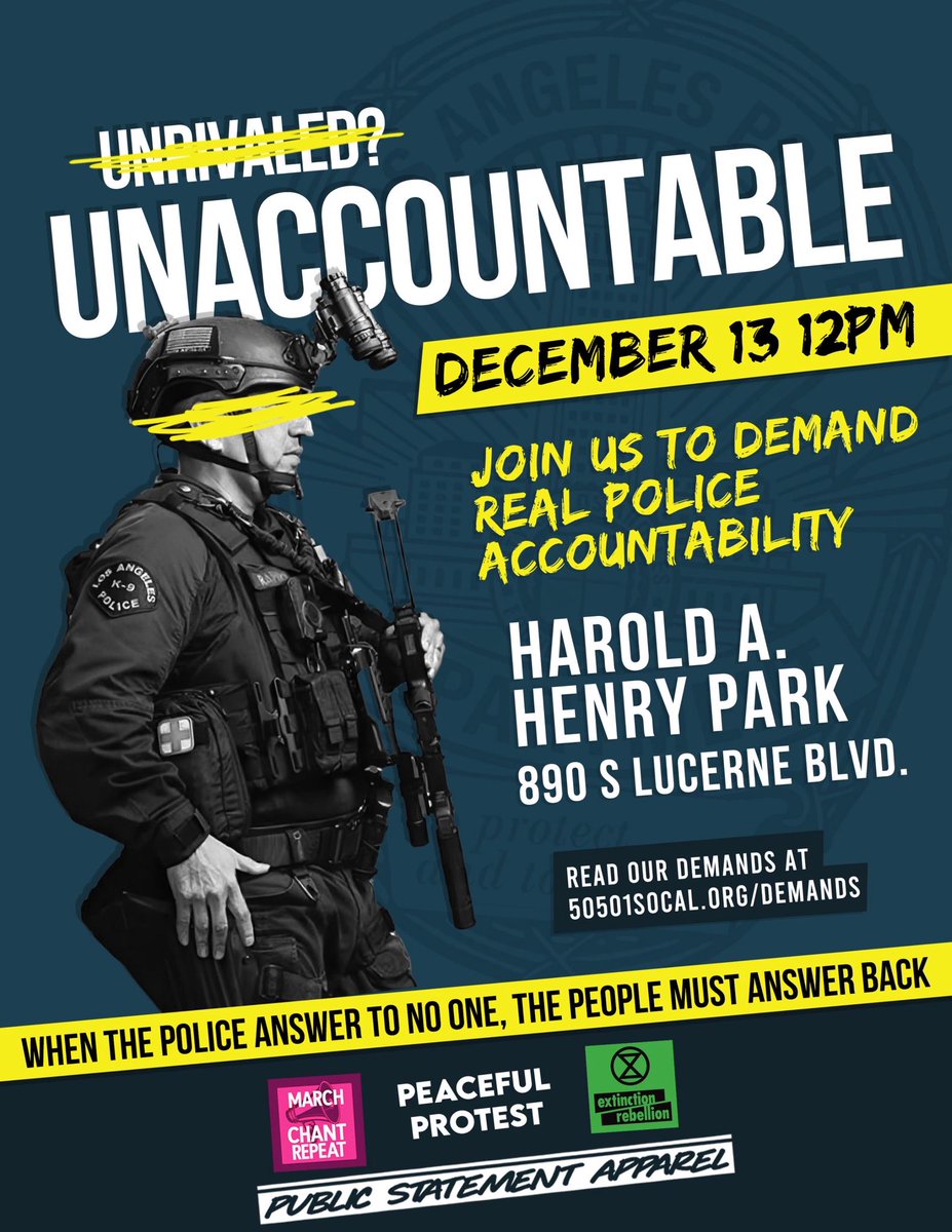LifeRep's tweet image. Join us this Saturdav, December 13th at 12pm to kick off this ongoing action. We're taking our demands for change straight to the source, and we're starting with actionable police reform.

Read our demands at
50501socal.org/demands

#powertothepeople  #policethepolice
