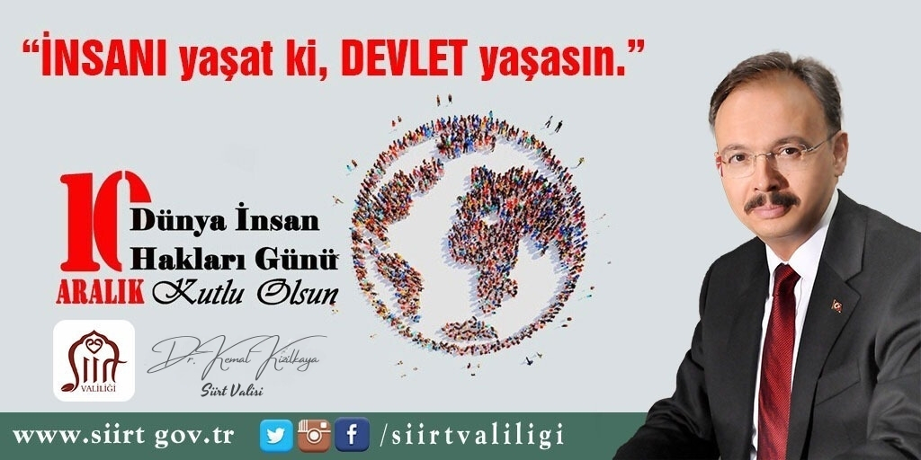 SiirtValiligi's tweet photo. Valimiz Sayın @Dr_KemalKzlkaya 'nın '10 Aralık Dünya İnsan Hakları Günü' Mesajı⬇️

🔗 https://t.co/KhEqsYghEx

#SiirtHuzurŞehri https://t.co/7MyFaYIhB1