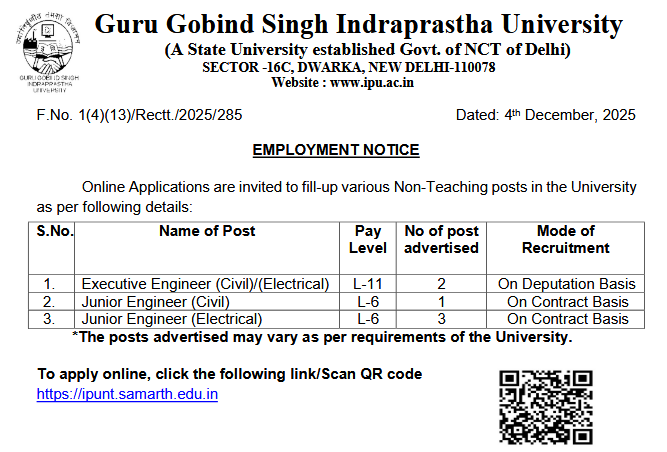 indiangovtjobs's tweet image. 📷 GGSIPU Recruitment 2025 Apply Online 06 Non Teaching (Engineer) Posts | Last Date 26 December 2025

indgovtjobs.in/2015/07/GGSIPU…

#GGSIPU #DelhiJobs #EngineerJobs
