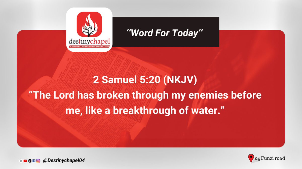Today, we declare breakthrough in every area of our lives. The same God who broke through for David is breaking through for us. No barrier can stand against the move of God. When He steps in, waters part and victories are released. This is our season to advance. 
#DestinyChapel