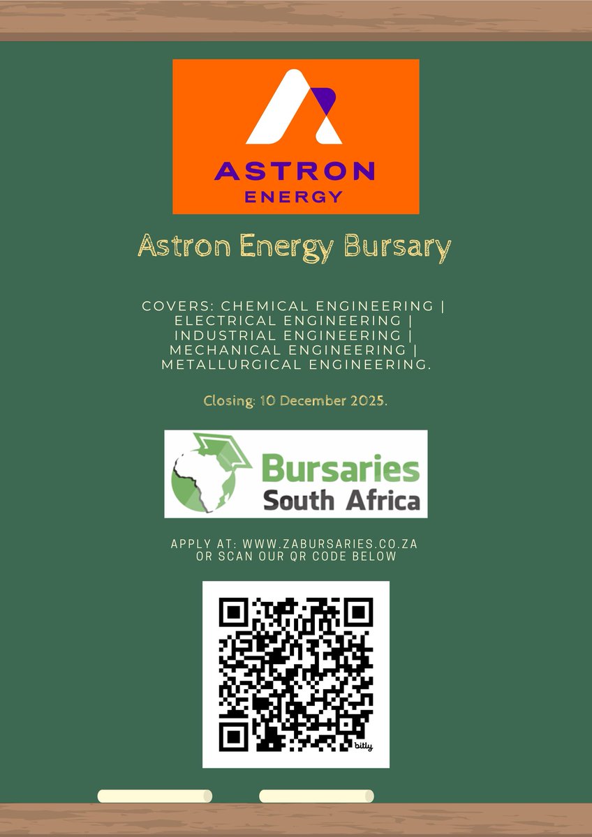 REMINDER: The Astron Energy Bursary is closing TOMORROW (10 December 2025)! APPLY HERE: bit.ly/AstronEnergyBu…

Covers: Chemical Engineering | Electrical Engineering | Industrial Engineering | Mechanical Engineering | Metallurgical Engineering

#bursary #bursaries #SABursaries