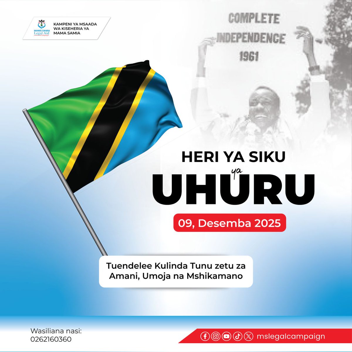 Heri ya siku ya uhuru,Tuendelee kulinda tunu zetu za Amani,umoja na mshikamano.
#katibanasheria #MSLAC #sisiniTanzania #Nchiyangukwanza #Nchiyetufahariyetu #tanzania #HakiKwaWote #WizaraYaKatibaNaSheria