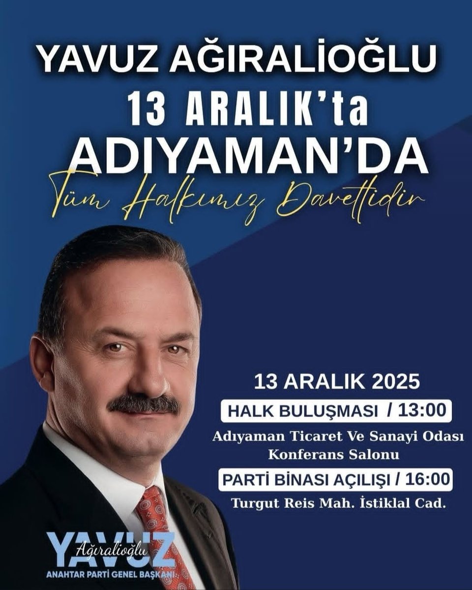 Anahtar Parti Genel Başkanı Yavuz Ağıralioğlu ile Adıyaman’a Geliyor. urfahabersitesi.com.tr/anahtar-parti-… #Anahtar Parti #urfa haber #urfa haber siteleri #URFA HABER SİTESİ #Yavuz Ağıralioğlu #Gündem <a href="/yavuzagiraliog/">Yavuz Ağıralioğlu</a> <a href="/anahtarparti/">Anahtar Parti</a> <a href="/anahtaradana01/">Anahtar Parti Gönüllüleri</a> <a href="/APartiTeskilat/">Anahtar Parti Teşkilat Başkanlığı</a>
