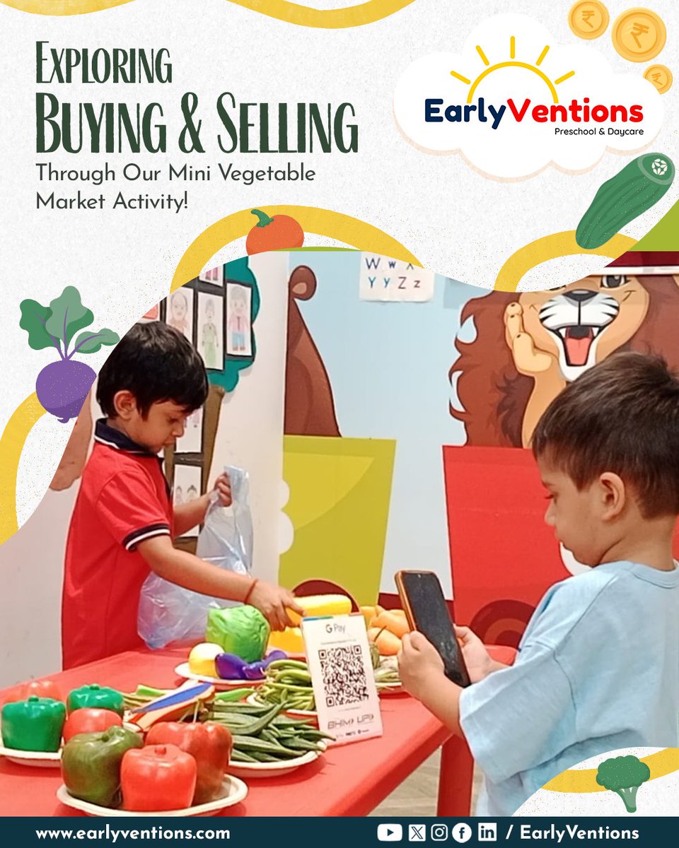 Our EarlyVentions little learners stepped into the world of buying and selling with a fun Vegetable Market Activity! 

From tiny vendors to excited customers, they explored how a market works through hands-on play. 
.
.
#PreschoolInBangalore #PremiumPreschool #EV