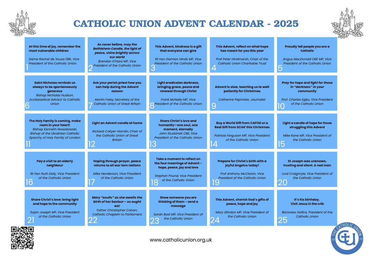 Advent is slow, teaching us to wait patiently for Christmas. Wise words <a href="/CPsPepTalk/">Catherine Pepinster</a> Advent calendar. Thanks to all contributors thus far <a href="/Rachel_deSouza/">Dame Rachel de Souza</a> <a href="/BrendanOHaraMP/">Brendan O'Hara MP</a> <a href="/DamianHinds/">Damian Hinds</a> <a href="/angusmacdlibdem/">Angus MacDonald</a> <a href="/PlymouthDiocese/">Diocese of Plymouth</a> <a href="/TenTen_UK/">Ten Ten Resources</a> <a href="/FJMcNally/">Frank McNally MP</a> Read more here catholicunion.org.uk/advent-2025/