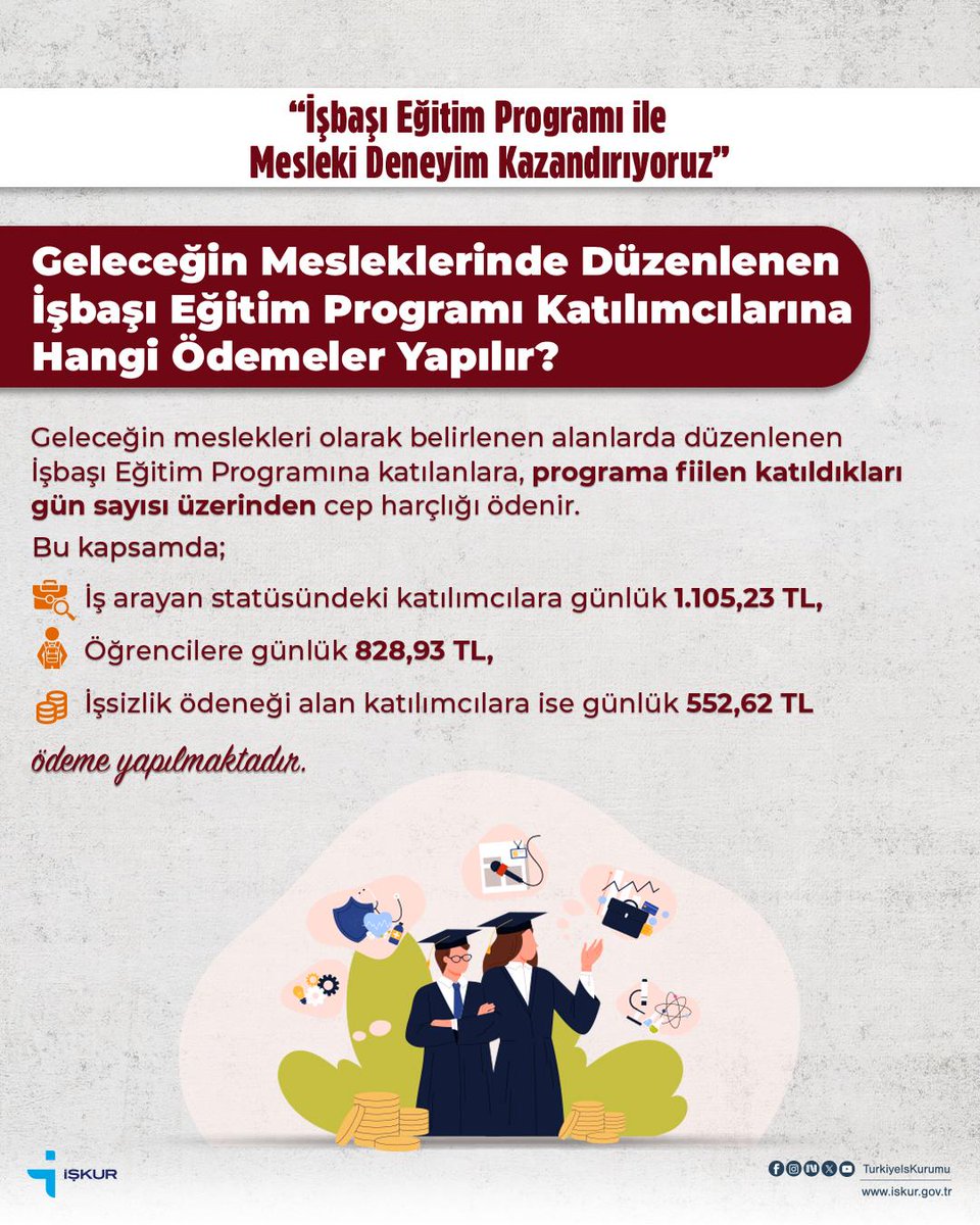 🔎Geleceğin Mesleklerinde Düzenlenen İşbaşı Eğitim Programı Katılımcılarına Hangi Ödemeler Yapılır❓

#İşbaşıEğitimProgramı
#İstihdam
#MeslekiDeneyim