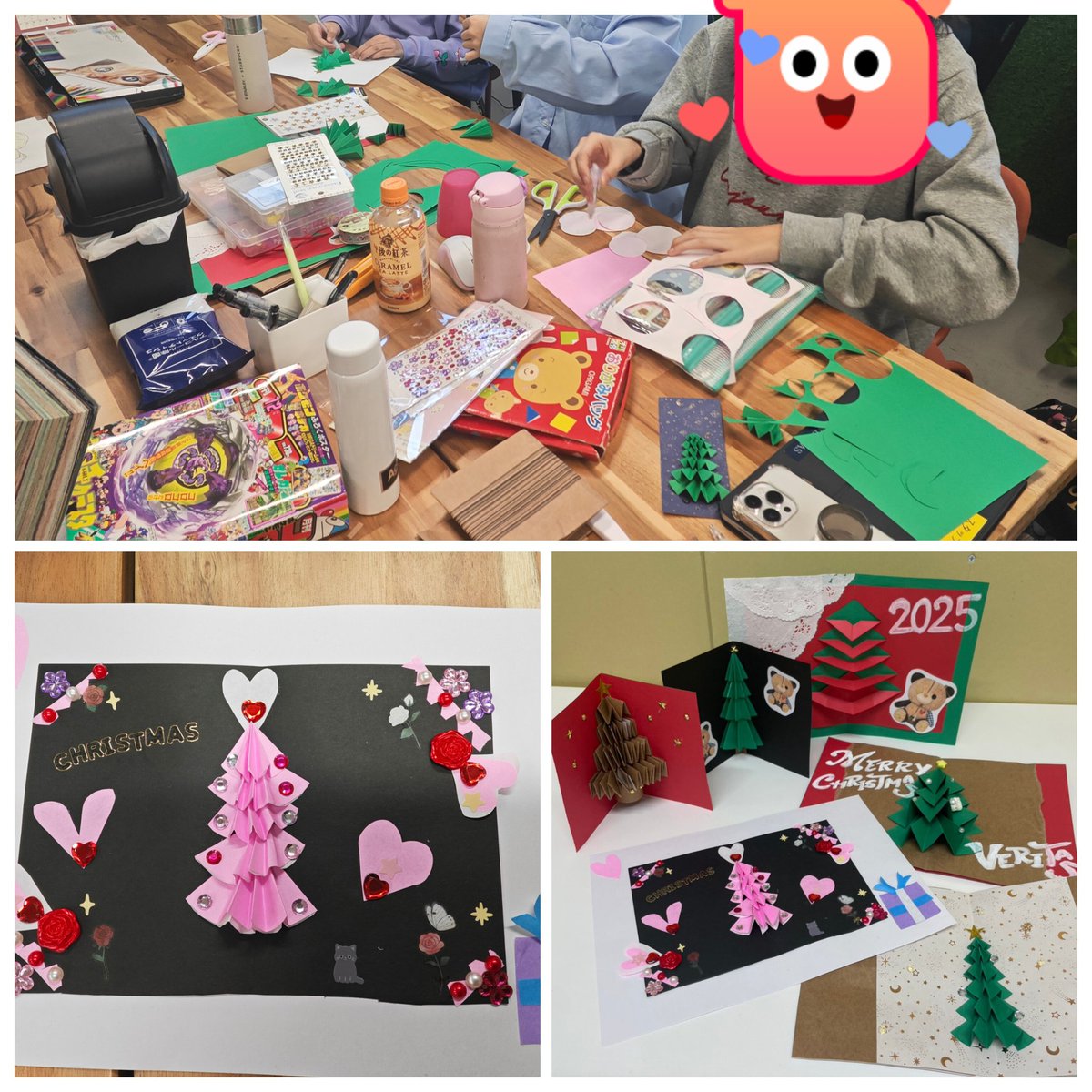 今月のイラスト部はクリスマスカード作り✨
立体カードを作る機会はなかなかないので、みんな楽しんでくれた様子です♪
みんなでお喋りしながらあっという間に時間が経って、素敵な作品がたくさんできました😊

#放課後等デイサービス　#不登校支援　#就労支援　#多摩市　#稲城市　#八王子市　#川崎市