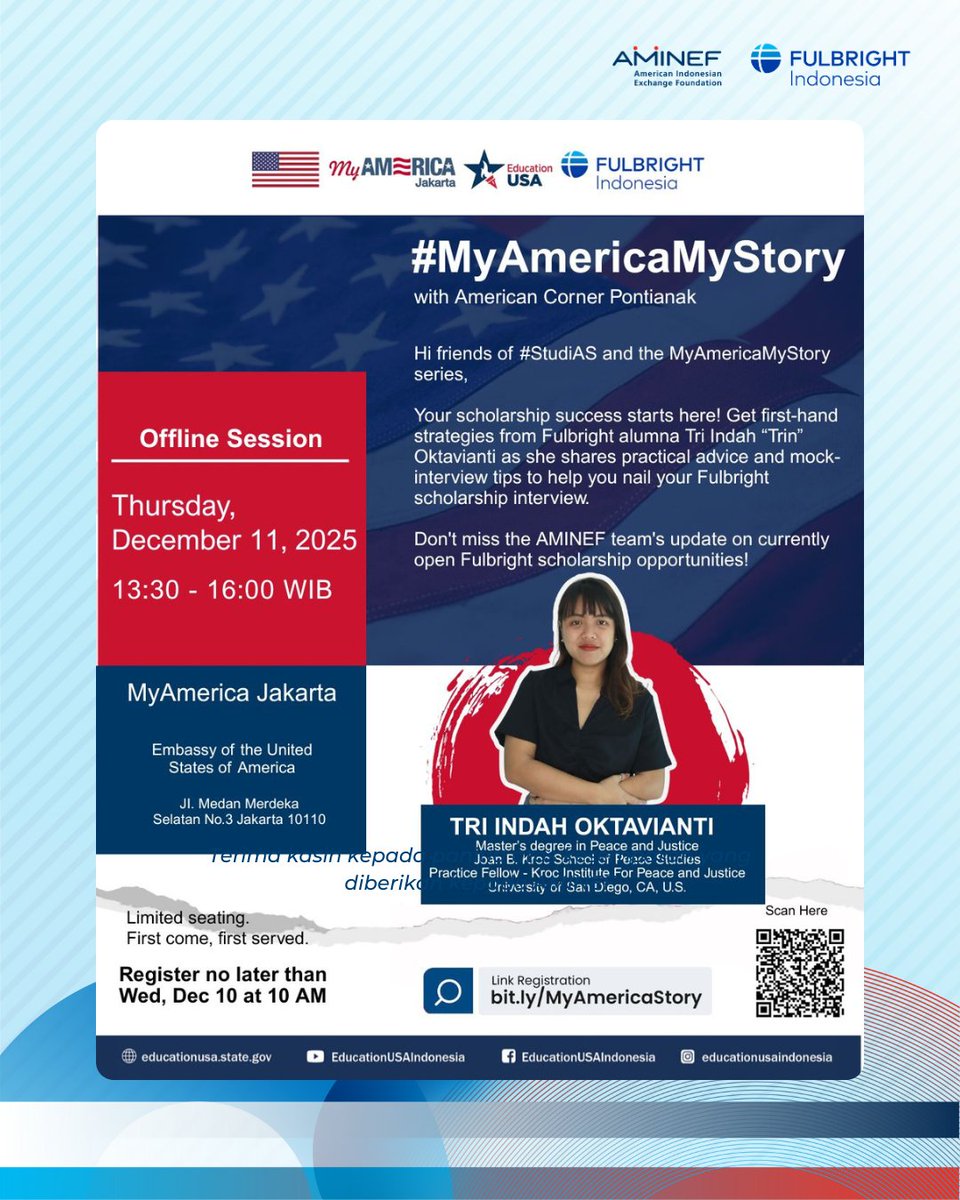 Ikuti sesi Tips Wawancara bersama salah satu alumni Fulbright, plus presentasi dan sesi Tanya-Jawab dengan AMINEF. Diselenggarakan oleh MyAmerica Jakarta.
Daftar paling lambat 10 Desember.#FulbrightIndonesia  #BeasiswaAmerika #AMINEF #FulbrightID