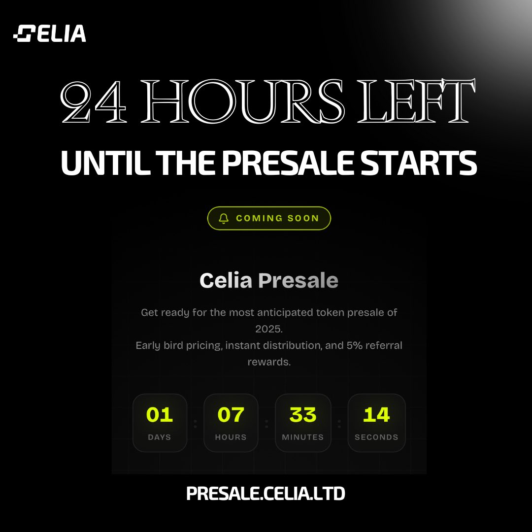 Time's ticking..

This might be your last chance to get $CELIA token for $0.2

Better set your timer for tomorrow!
First Come First Serve 

presale.celia.ltd