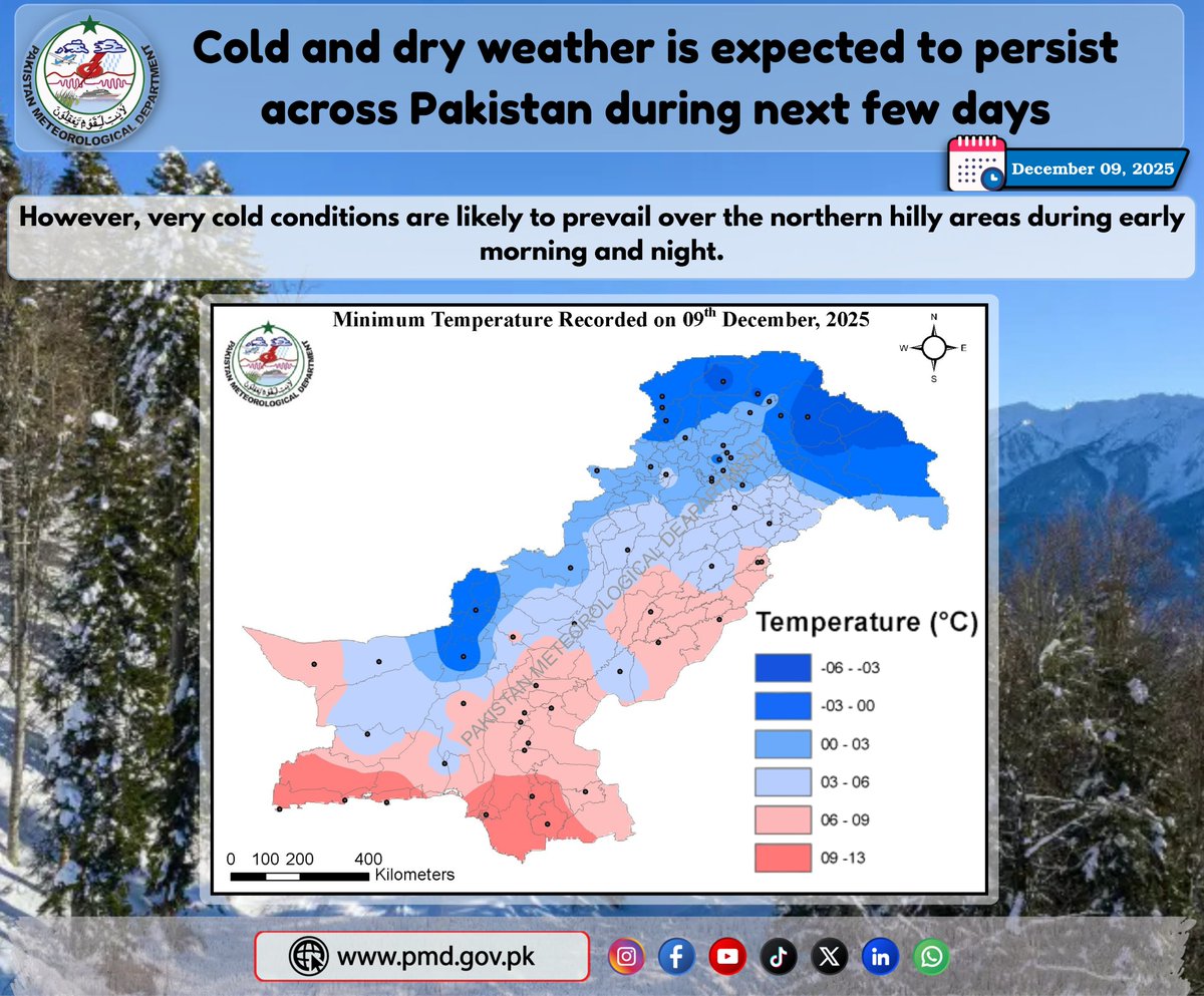 pmdgov's tweet photo. Cold and dry weather is expected to persist across Pakistan during next few days
#WeatherAlert #dryweather #PakistanWeather #RainAlert #StaySafeStayPrepared #snowfall #northernareas #mountains https://t.co/b0MrNGTc0S