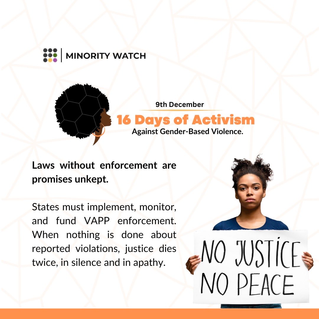minoritylex's tweet photo. A law is only as powerful as the will to uphold it.
States must fund shelters, train responders, and track VAPP implementation. Accountability cannot be optional.
#16daysofactivismagainstgenderbasedviolence
#16daysofactivism2025
#minoritywatch https://t.co/er9esw9SZq