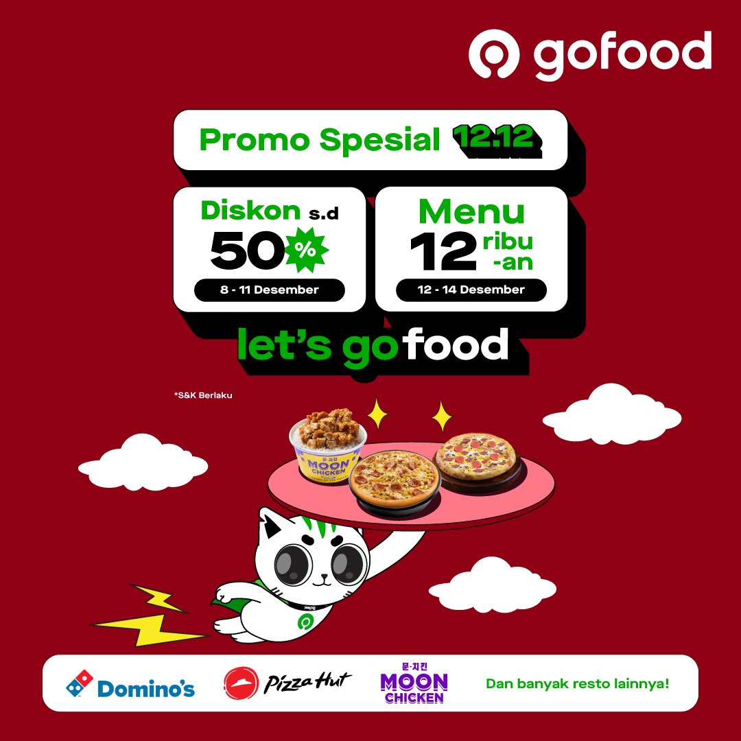 gofoodindonesia's tweet image. JANGAN KHAWATIR! Karena mulai dari 8-14 Desember di Promo Spesial 12.12 dari GoFood ini kamu bisa nikmatin Diskon s.d 50% dan Menu 12 Ribuan dari banyak resto pilihan 🥳 Maw makan enak dan banyak promonya? #LetsGoFood ✨

Cek Promonya di sini 👉🏻 gjk.id/1212GeneralDec…