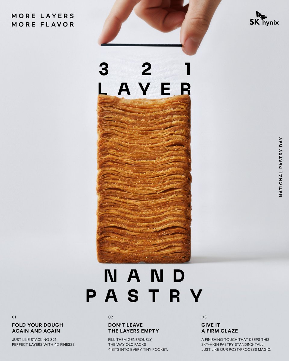SKhynix's tweet image. What happens when pastry layers meet #NAND layers? 🥐 In honor of National Pastry Day, @SKhynix is serving up its 321-layer 4D NAND — built like a perfectly folded pastry, tightly packed with #QLC cells, and finished with our post-process “glaze” for stability and performance.