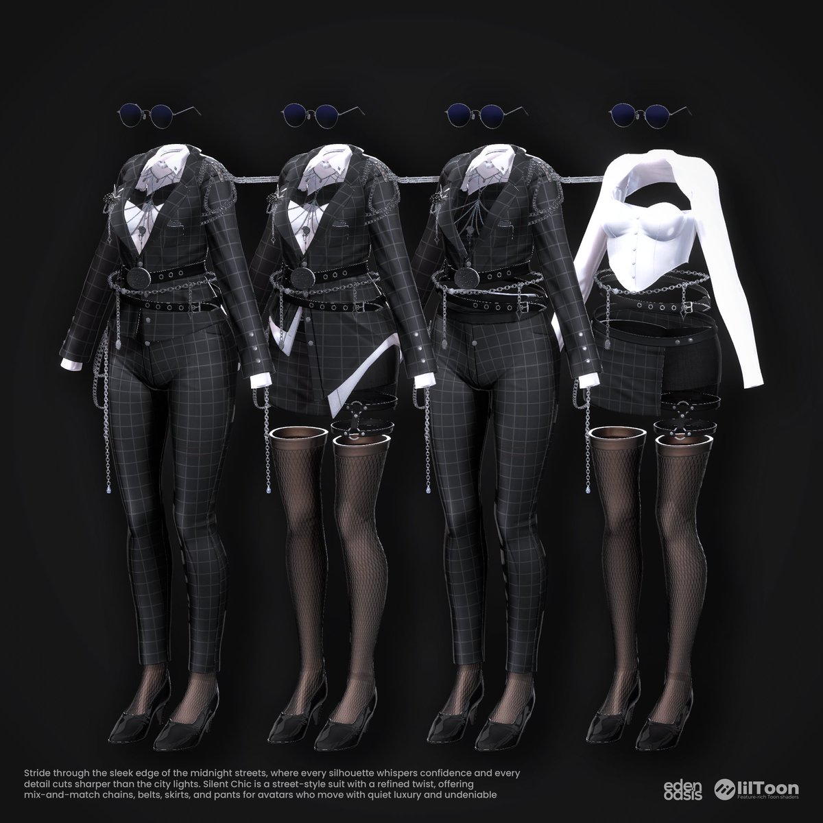 EDEN-OASISでは、スーツスタイルとストリート要素を自由に組み合わせられる新作衣装を制作中です。

今回のWIPでは、トップス・ボトムス・アクセサリーの組み合わせによる
4つのスタイルバリエーションをシルエット中心に公開します。

正式公開は今週金曜日。
ぜひお楽しみに。