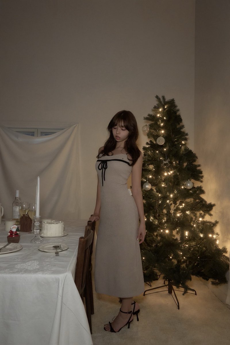 Sugar knit ribbon dress color ivory/pink beige/gray ¥13200-tax in