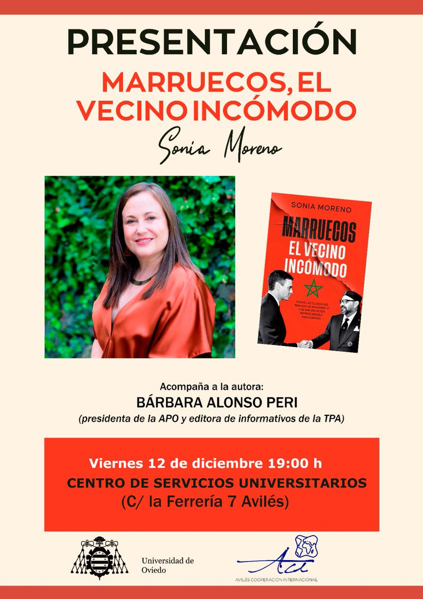 Última presentación de '#Marruecos, el vecino incómodo' de 2025. Este viernes, a las 19h, en #Avilés #Asturies. Muy bien acompañada con Bárbara Alonso Peri, decana de <a href="/PeriodistasAst/">Periodistas Asturias</a> y la <a href="/APrensaOviedo/">Asoc. Prensa Oviedo</a>, y editora de informativos de la @rtpanot <a href="/RTPAOficial/">RTPA</a> ¡Gracias, nos vemos!