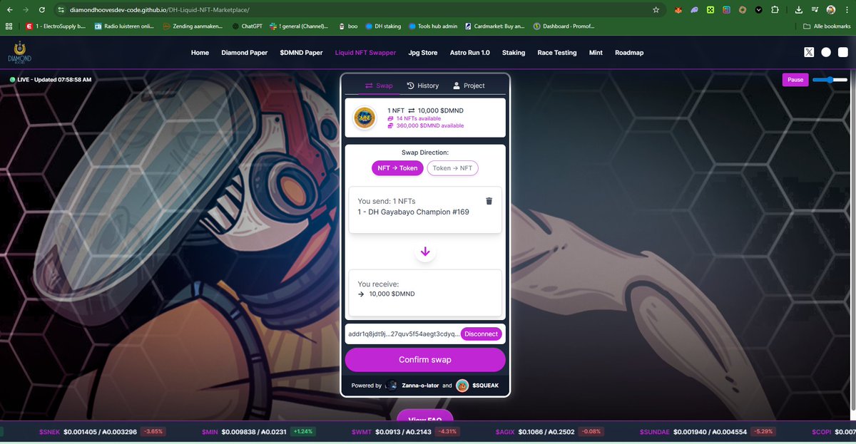 💧 **Liquid NFT Swapper is LIVE!** 💎🐎

You can start using your $DMND right now.

Our Liquid Swapper is officially live on the new Diamond Hooves website so you can buy DH NFTs instantly using $DMND. 🚀
Immediate utility. Instant swaps. Full ecosystem activation.

💻 Try it