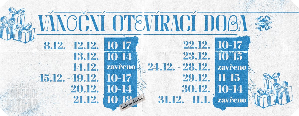 Nevíte, co pořídit svým blízkým pod stromeček? 🎄
Sortiment Chachar/Wear je ideální volbou! 🎁

🌐 chacharwear.cz
🌐 facebook.com/chacharwear
🌐 instagram.com/chacharwear/

Nákupem podporuješ ultras produkci na zápasech Baníku ⚪🔵
--------------------------
#modrobilevanoce