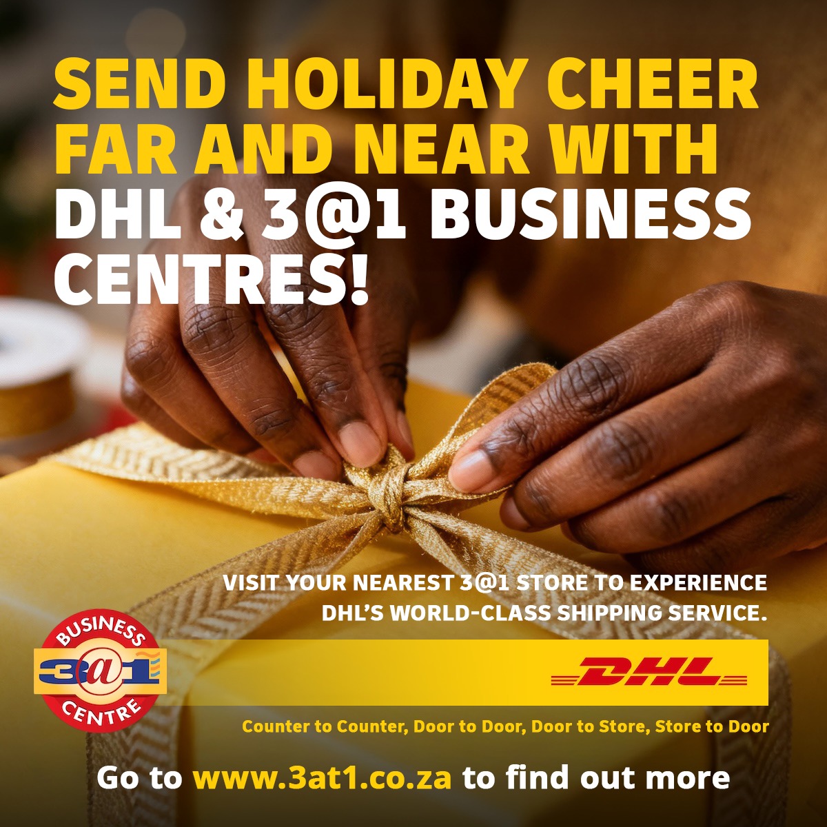 Spreading Holiday Cheer with DHL &amp; 3@1 Business Centres!
Sending gifts to loved ones near or far?
We’ve got you covered this festive season!
With DHL’s trusted global network and 3@1 Business Centres’ convenient service, your parcels arrive fast, safe, and right on time for the