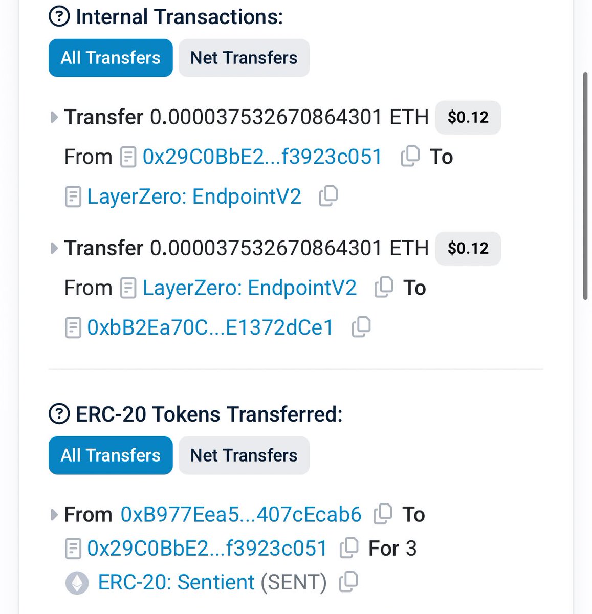 SENT Binance Alpha간다. @SentientAGI TGE가 얼마 안남아서 트랜잭션을 살펴보는데 기존에도 있던 폴리곤 브릿지  테스트 말고 레이어제로 브릿지 테스트했던 것도 있더라구요. 트랜잭션 인풋값의 dsteid를 보면 어느 체인으로 브릿지 하는지 알 수  있는데 정답은
