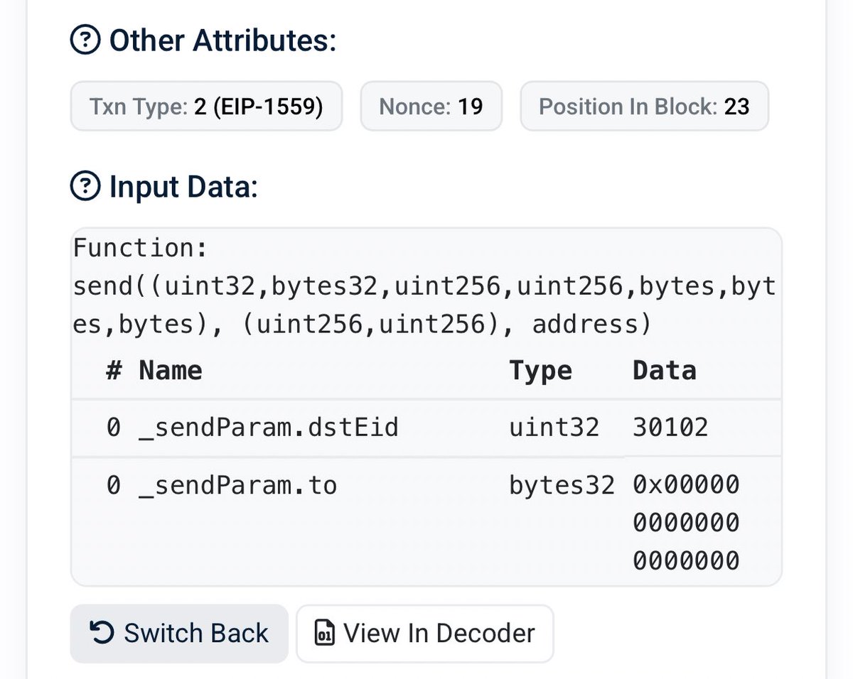 SENT Binance Alpha간다. @SentientAGI TGE가 얼마 안남아서 트랜잭션을 살펴보는데 기존에도 있던 폴리곤 브릿지  테스트 말고 레이어제로 브릿지 테스트했던 것도 있더라구요. 트랜잭션 인풋값의 dsteid를 보면 어느 체인으로 브릿지 하는지 알 수  있는데 정답은