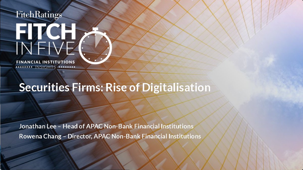 FitchRatings's tweet image. In this episode of #FitchInFive for Financial Institutions, listen to our analysts, Jonathan Lee and Rowena Chang to discuss the rise of #digitalisation in #securities firms.

Listen now: ow.ly/cqGF50XzQO4

See the rest of the episodes: ow.ly/g7hV50XAxEt

#AsiaPacific
