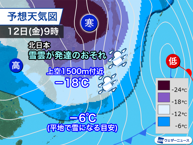 wni_jp's tweet photo. ＜金曜日に強力な寒気＞
12日(金)頃は冬型の気圧配置が強まり、非常に強い寒気が上空に流れ込みます。北日本を中心に局地的な強い雪や猛吹雪のおそれがあるため警戒が必要です。
https://t.co/fal8QofSgj https://t.co/T7THvK6L7v