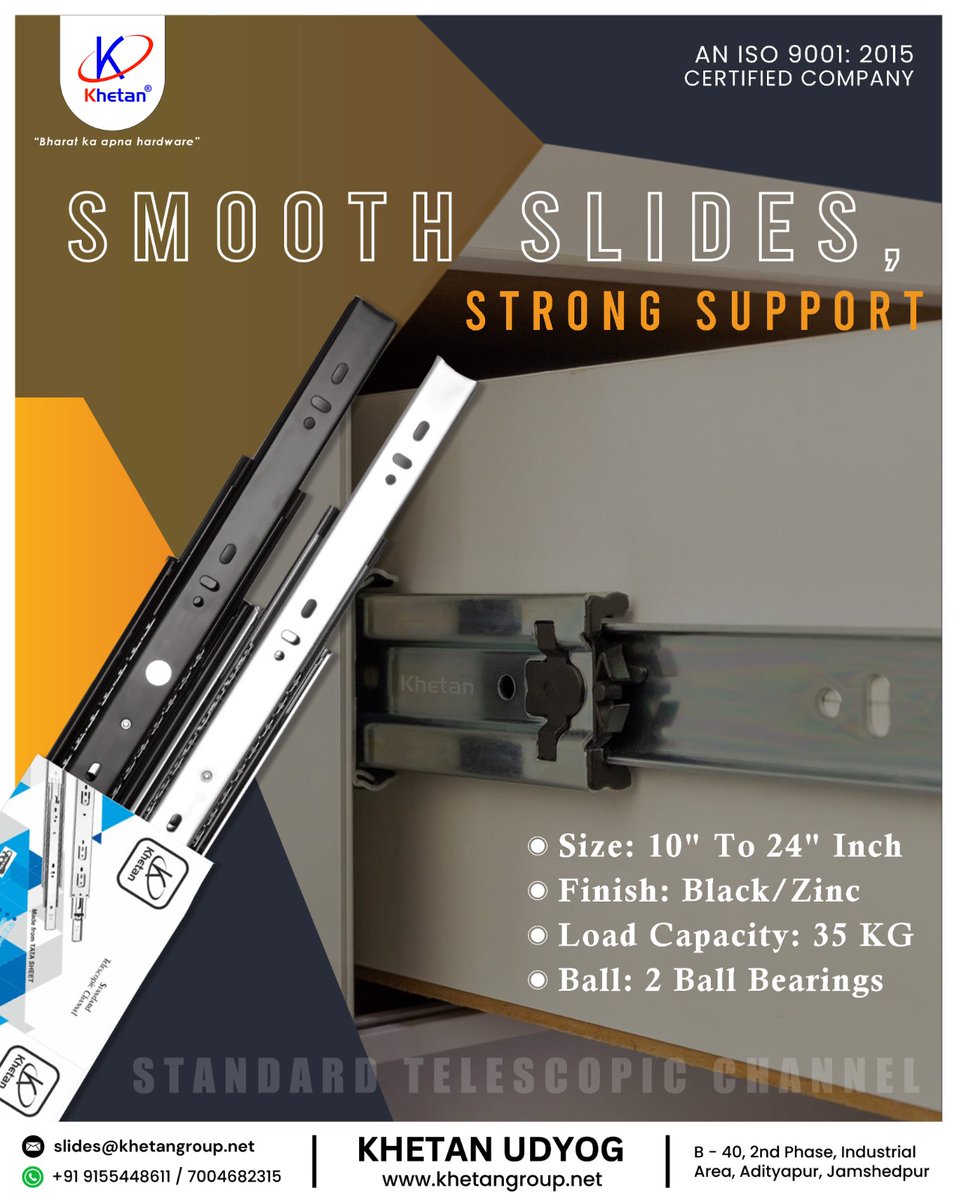 ihsndigital's tweet image. Khetan Telescopic Channels from 10” to 24” with 35kg load capacity.

For Enquiry via whatsapp: rebrand.ly/KhetanUdyog

KHETAN UDYOG
+91-9155448611, +91-7004682315

Web.: khetangroup.net
.
#Khetan #Manufacturer #TelescopicChannel #DrawerChannel #ihsndigital #delhi #india