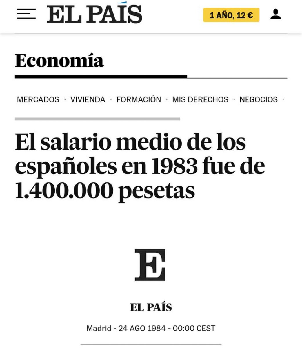 Actualizado a 2025 sería el equivalente a algo más de 35.000€. El salario medio actual son 28.000€. Añadamos que la presión fiscal actual está en torno 38%, mientras en 1983 era 25% y todos los servicios funcionaban mejor. Sigan votando a inútiles…