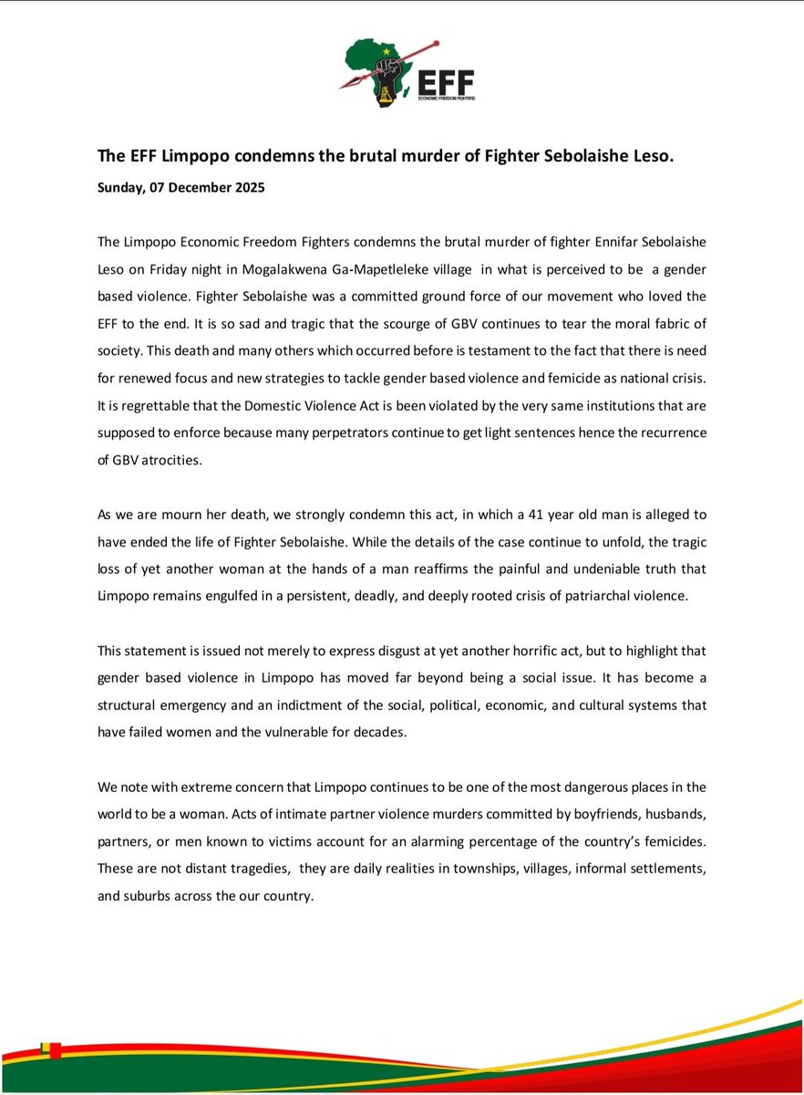 EFF_Limpopo's tweet image. ♦️Media Alert♦️

The EFF Limpopo condemns the brutal murder of Fighter Sebolaishe Leso