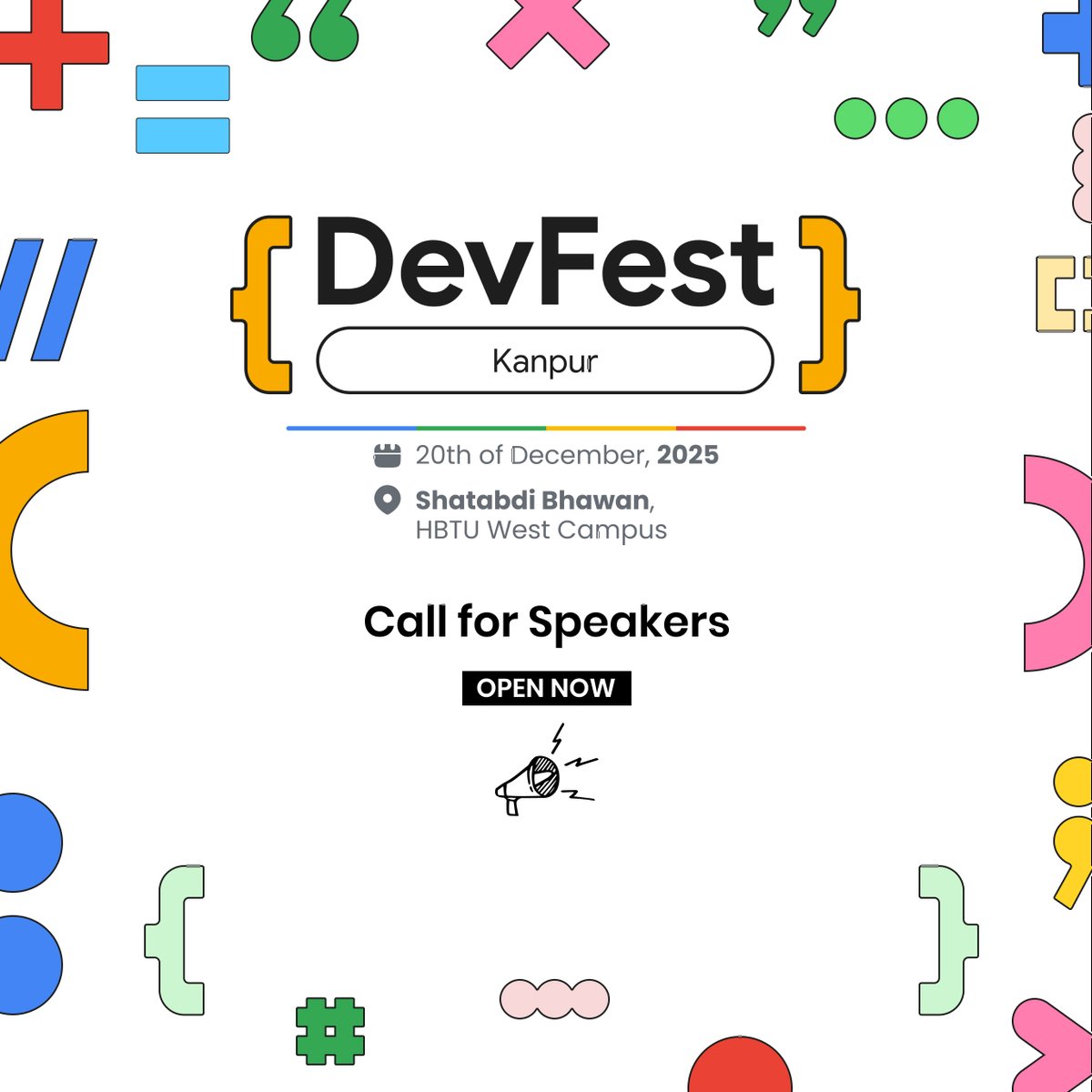 📣 Call for Speakers: GDG Kanpur DevFest 2025 is ON! 🚀

Don't wait—submit your proposal today! 👇 Submission Link: forms.gle/bsWT4X7khdGJoE…

#DevFest2025 #GDGKanpur #CallForSpeakers #TechTalks #Developer