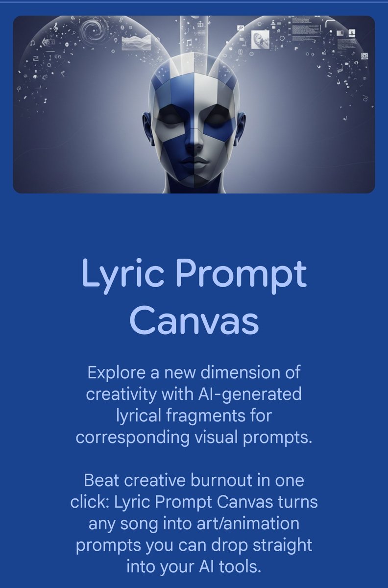 0xJiuJitsuJerry's tweet photo. New: Lyric Prompt Canvas. Turn song vibes into 3 art + 3 animation prompts in seconds.
Just type in:
Song Title, Artist, Emotional Mood, and Art Style
Try it now 👇
https://t.co/tUq25TgAne
@GoogleAI @GoogleLabs #GoogleOpal #Gemini @googleaidevs https://t.co/2XZ8GkurWy