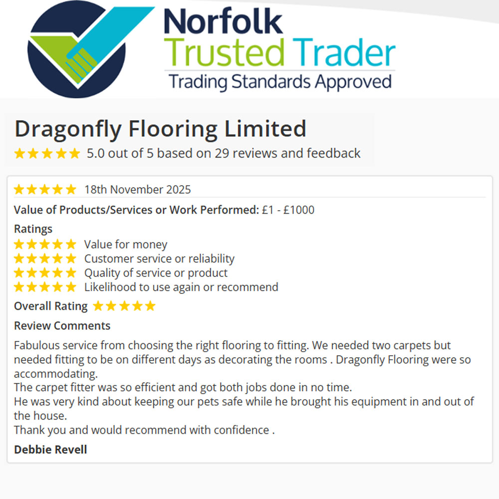 Another happy customer for Norfolk Trusted Trader, Dragonfly Flooring Limited 👏
"Fabulous service from choosing the right flooring to fitting...would recommend with confidence"
trustedtrader.team/Norfolk/Dragon…
#Norfolk #TrustedTrader #TradingStandards #Approved <a href="/NorfolkCCTS/">Norfolk County Council Trading Standards</a>