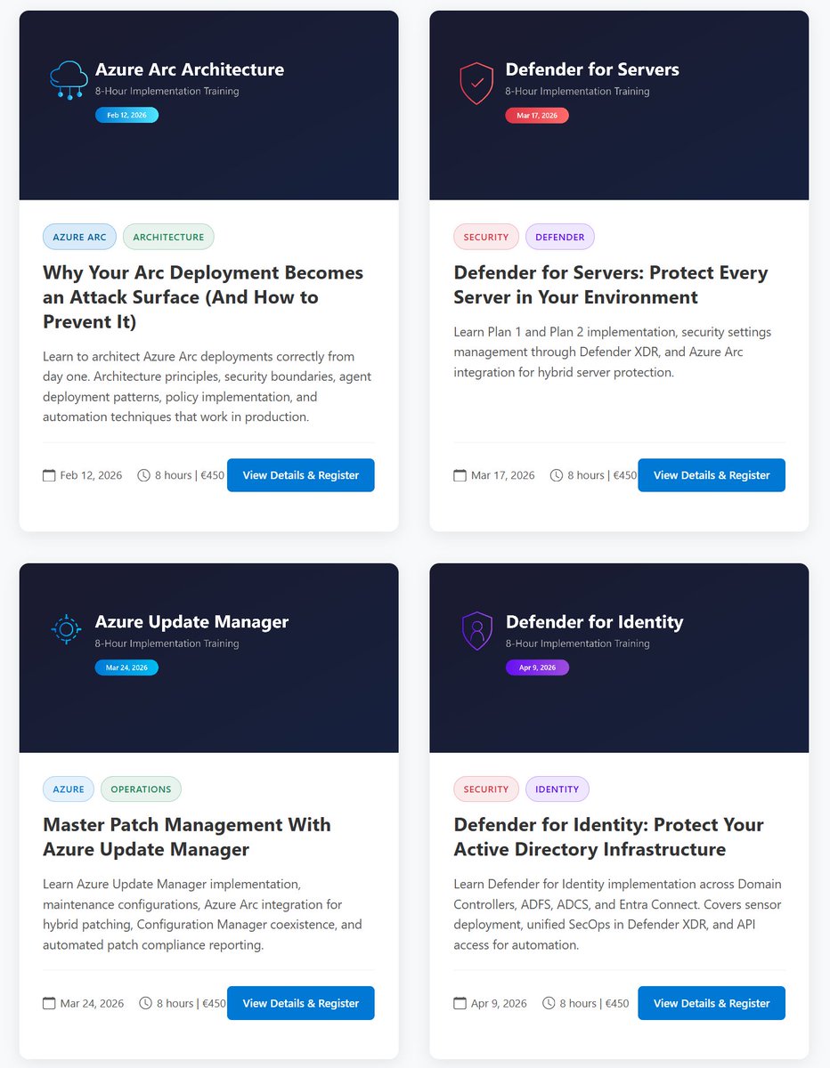 kaidja's tweet photo. Training dates for 2026 are now live:

+ Azure Arc Architecture - Feb 12
+ Defender for Servers - Mar 17
+ Azure Update Manager - Mar 24
+ Defender for Identity - Apr 9

Learn More: https://t.co/eB9k135wzF

#Azure #AzureUpdateManager #Microsoft #HybridCloud #AzureArc #DefenderXDR https://t.co/cYudEm6yFj