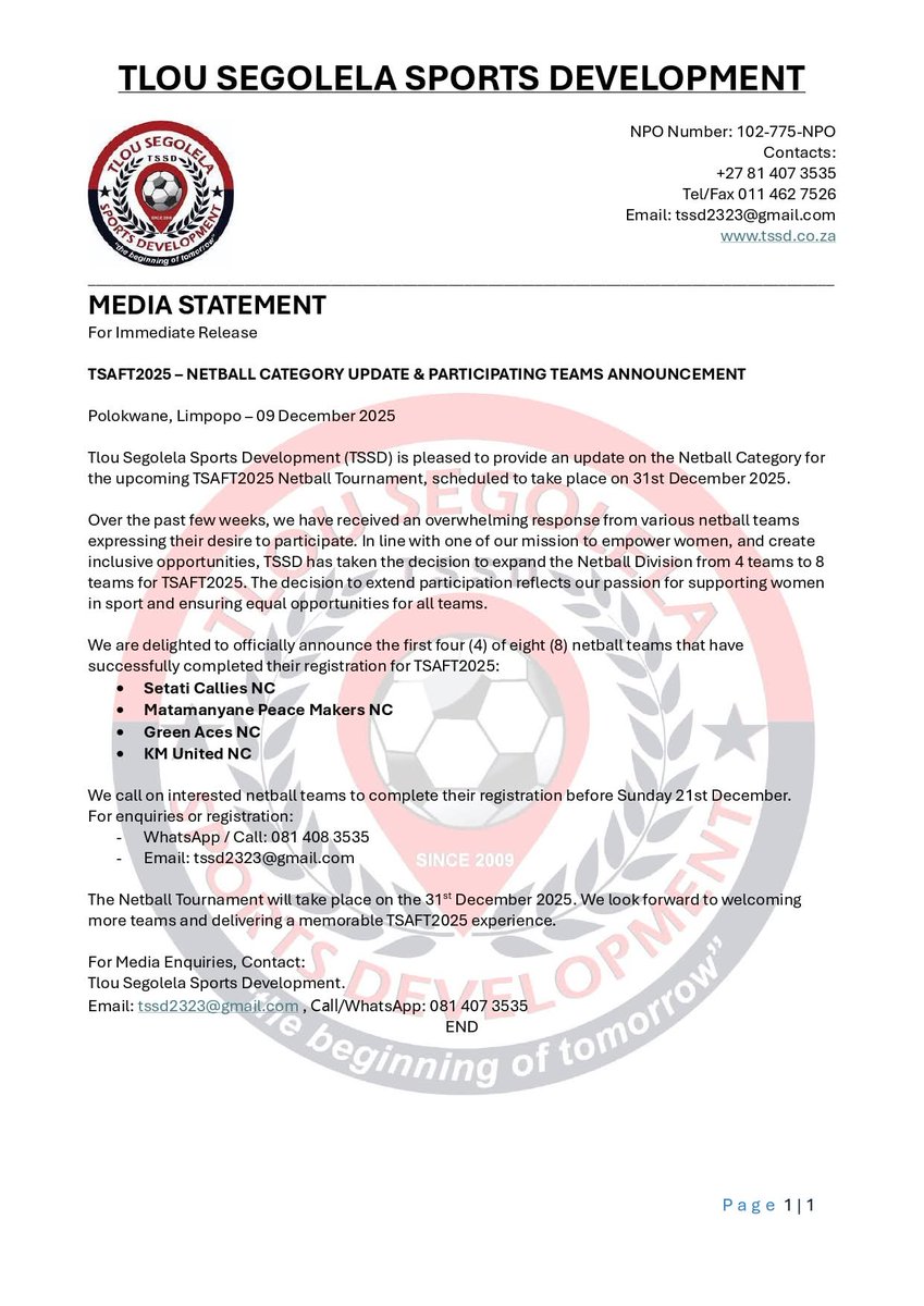 TeamTSSD's tweet image. #TSAFT2025 Netball Update

#TeamTSSD #Netball