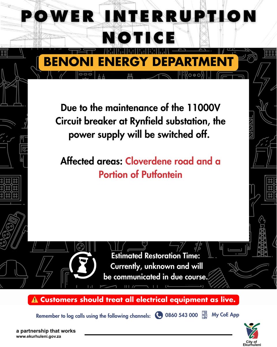 Sanibonani bahlali base Benoni. Please take note of the following planned power interruption for the areas listed below.
