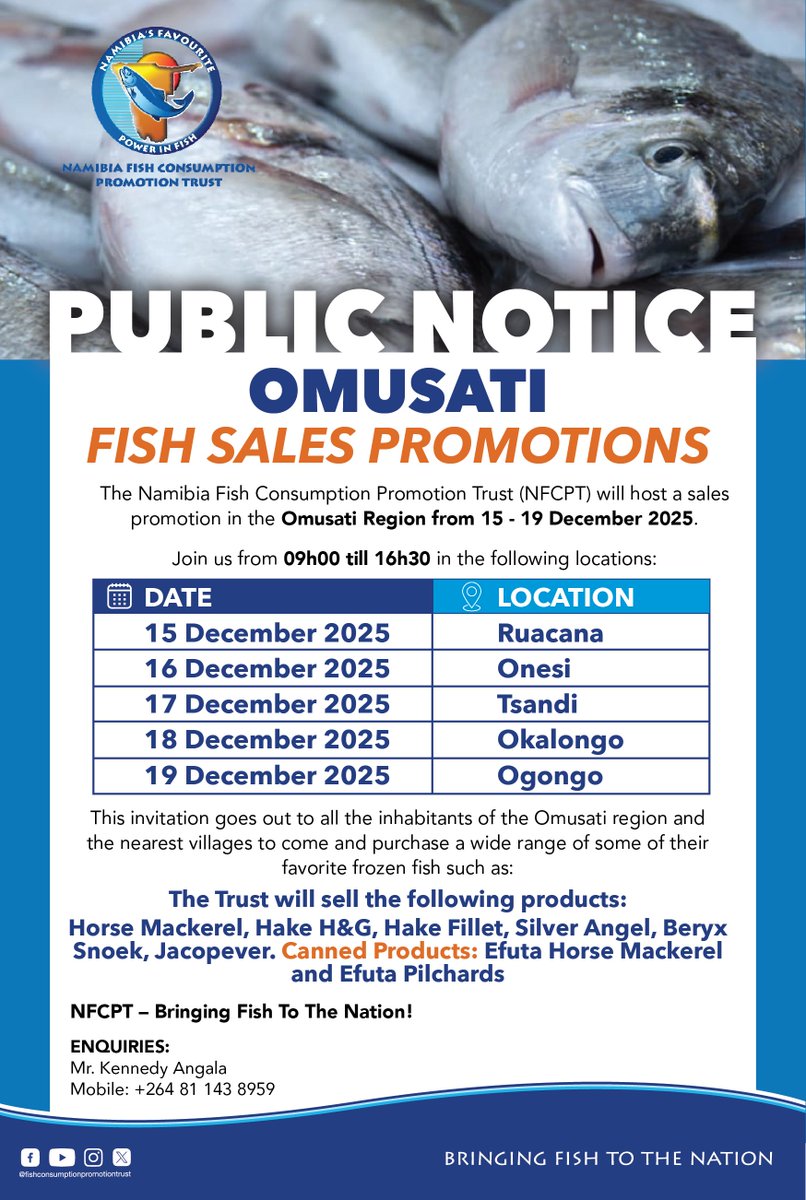 Fish Sales Promotion Alert for Omusati Region... Save the dates and locations.

#bringingfishtothenation