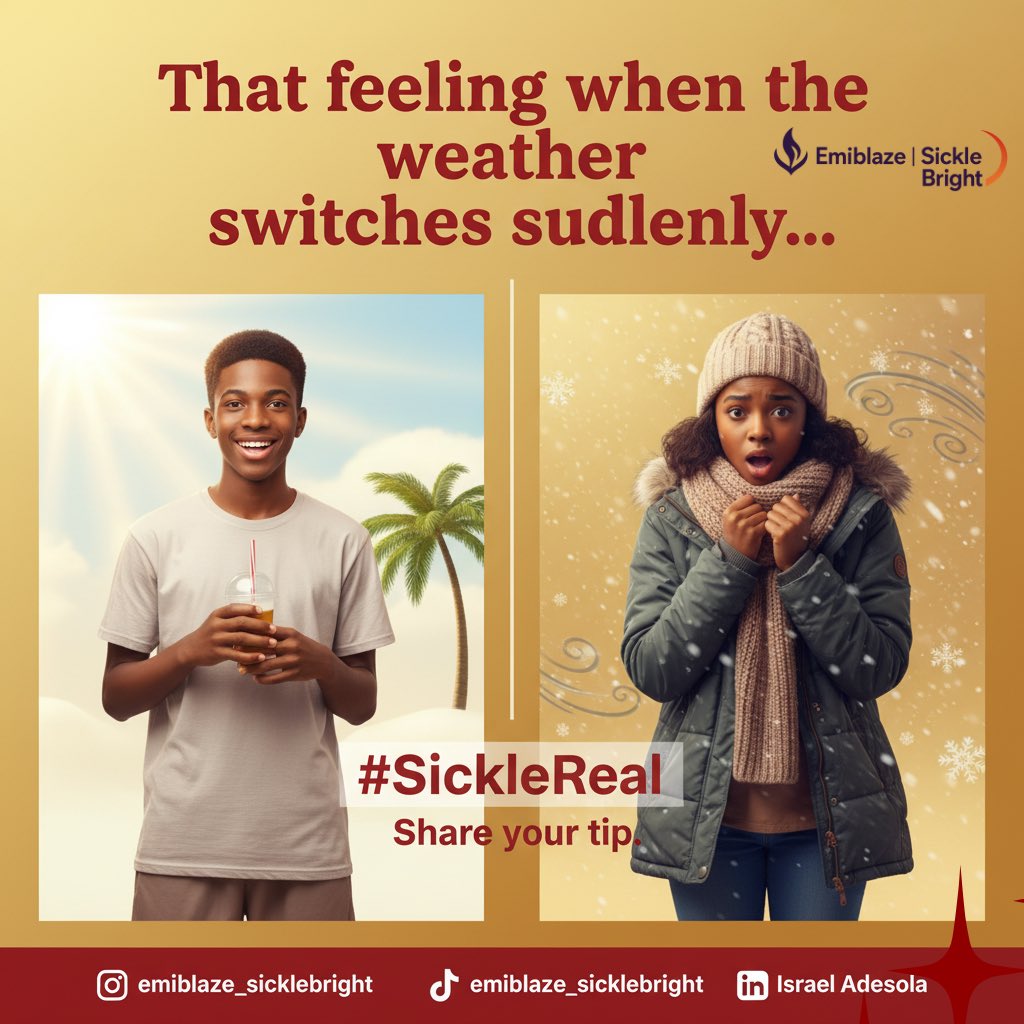 emiblaze_sickle's tweet image. When the weather flips, we all notice.
How do you cope with sudden temperature changes?
#SickleLife #SickleReal @sicklecell101 @Sickle_Matters @SAMIupdate