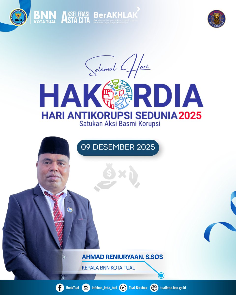 TualBnn's tweet photo. Selamat Hari Hakordia (Hari Anti Korupsi Sedunia 2025) Satukan Aksi Basmi Korupsi. 

09 Desember 2025

#warondrugsforhumanity https://t.co/JmlBE5sZjm