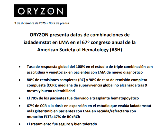 JCPF_Carlos's tweet photo. #ORYZONGENOMICS #ORYZON #ORY 3,375€

📌✅ORYZON presenta datos actualizados alentadores de iadademstat en LMA en el congreso de la American Society of Hematology (ASH).

👉📌🟢Estos impresionantes resultados preliminares en LMA en primera línea subrayan el potencial de iadademstat para aportar un beneficio clínico significativo cuando se combina con los tratamientos estándar actuales y para ofrecer a los pacientes una esperanza renovada de una aproximación verdaderamente curativa.